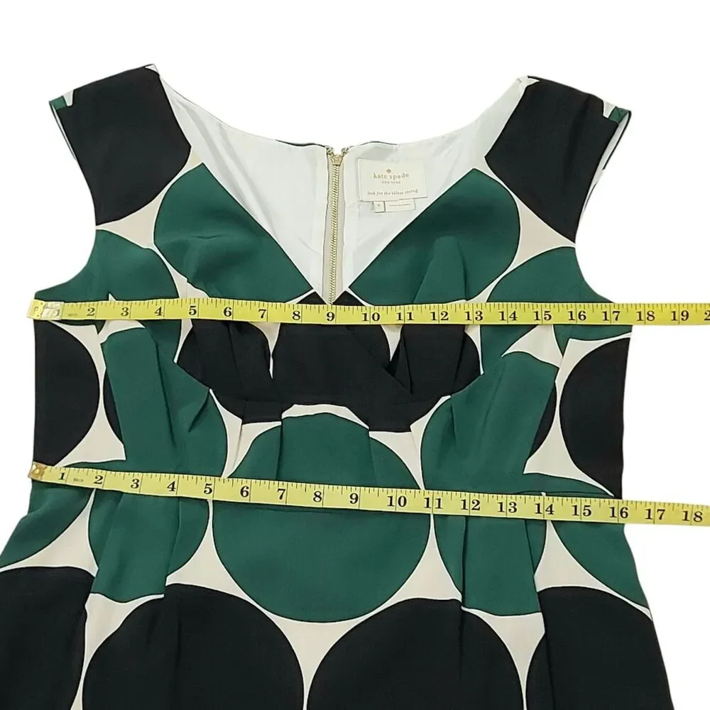 Kate Spade New York Womens 8 Green Black Polka Dot Silk Lined Midi Dress Luxury